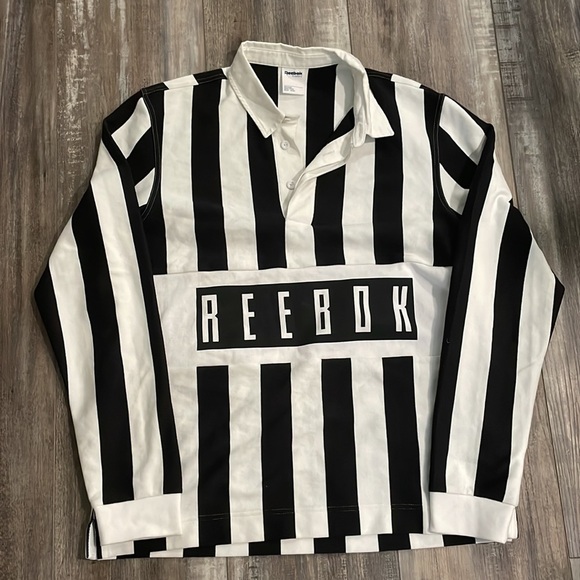 Reebok Mens Black Vertical Stripe Long Sleeve Polo - Picture 2 of 8